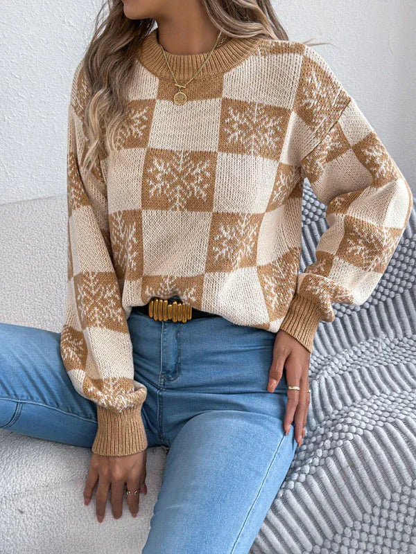 Red Snowflake Checkered Knit Sweater - WEUXS