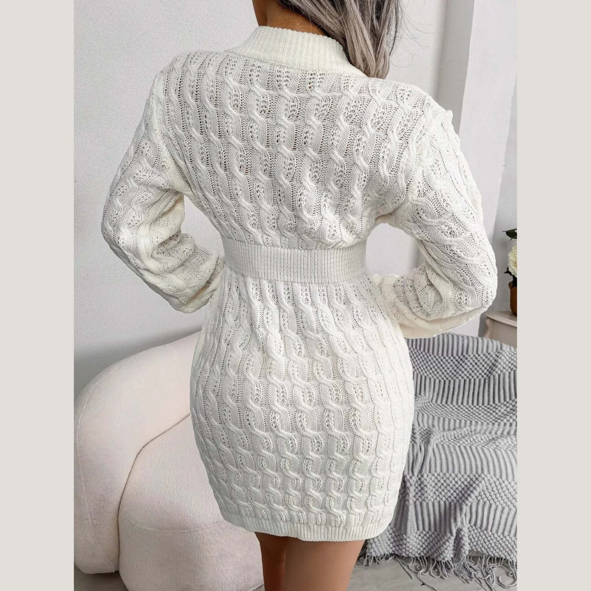 White Cable Knit Mini Sweater Dress - WEUXS