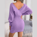 Purple Batwing Sleeve Ribbed Knit Sweater Dress - View 6 | WEUXS