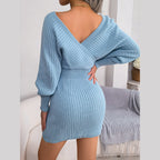 Back view of a blue ribbed knit wrap dress