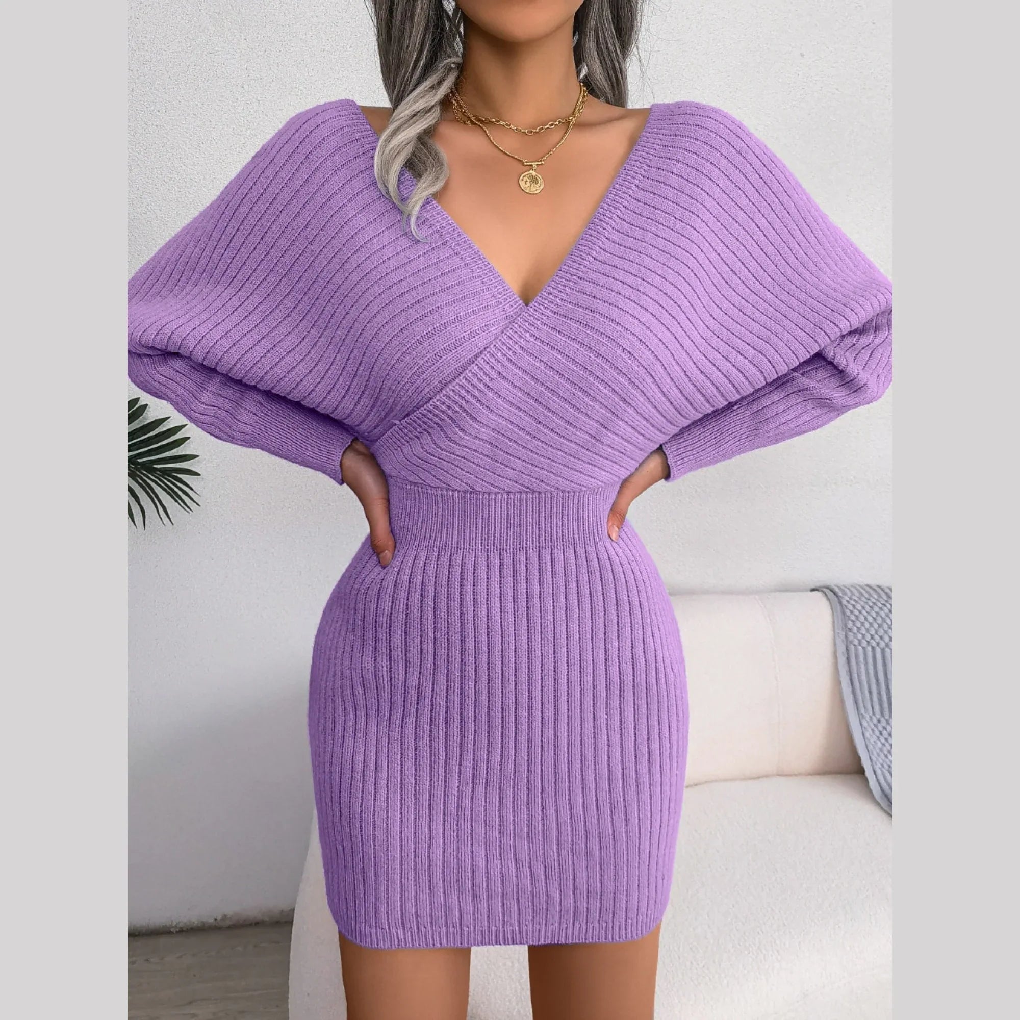 Batwing Sleeve Ribbed Knit Sweater Dress Secondary image