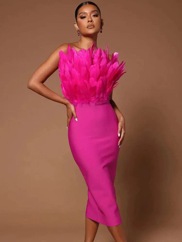 Janessa Hot Pink Feather Strapless Midi Dress - Fuchsia Bodycon Cocktail Gown - WEUXS