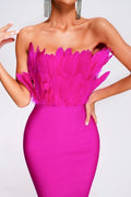 Janessa Hot Pink Feather Strapless Midi Dress - Fuchsia Bodycon Cocktail Gown - WEUXS