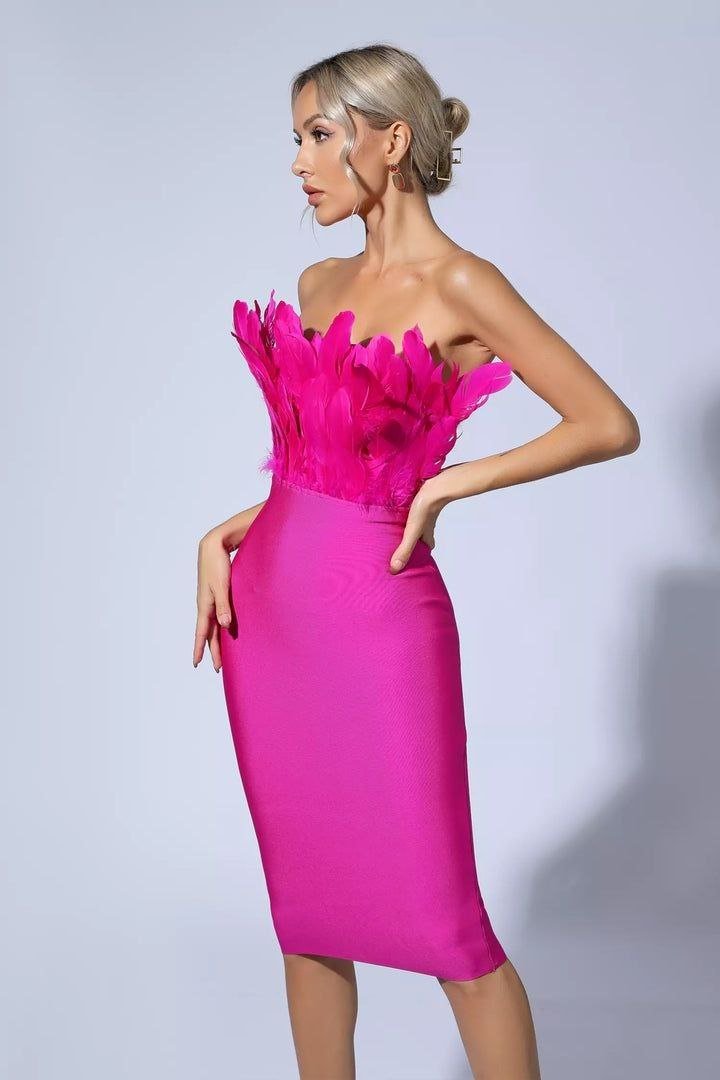 Janessa Hot Pink Feather Strapless Midi Dress - Fuchsia Bodycon Cocktail Gown - WEUXS