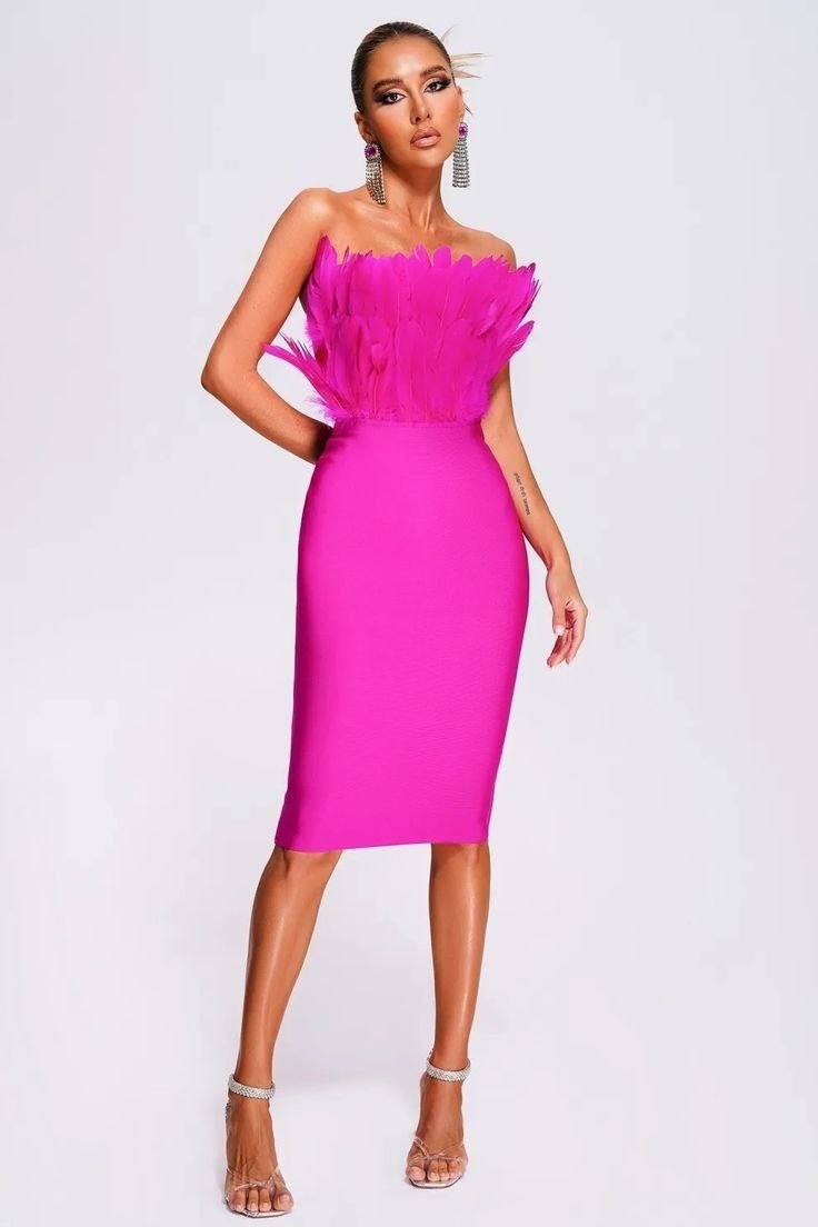 Janessa Hot Pink Feather Strapless Midi Dress - Fuchsia Bodycon Cocktail Gown - WEUXS