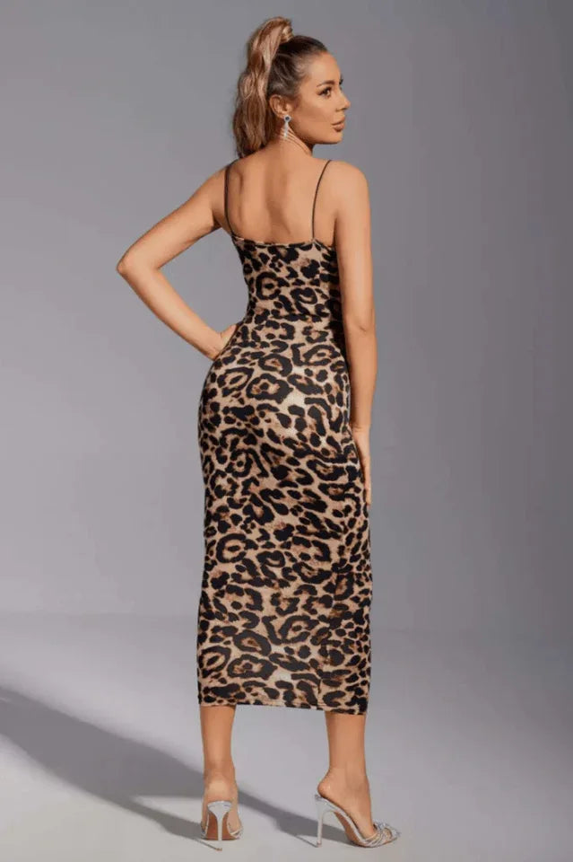 Back view of a woman in a leopard print midi bodycon dress