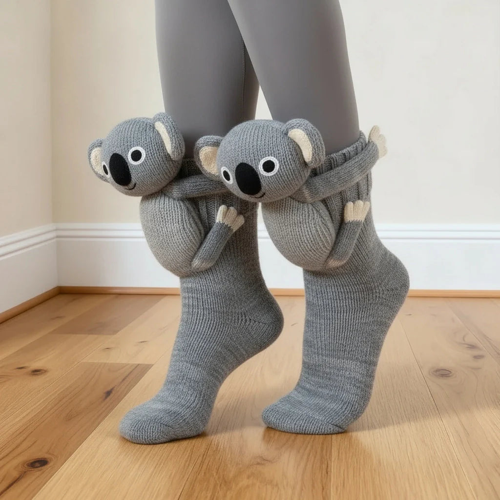 Gray novelty socks with koala design worn by a person on a wooden floor, with 'Coming soon' text overlay.