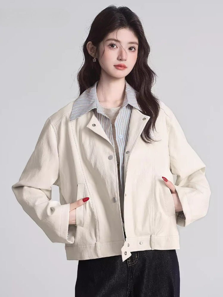 Faux leather bomber jacket with striped collar and cuffs - View 6 | WEUXS