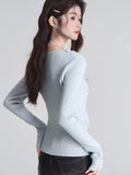 Ribbed knit V-neck top with lace trim and pearl accents - View 6 | WEUXS