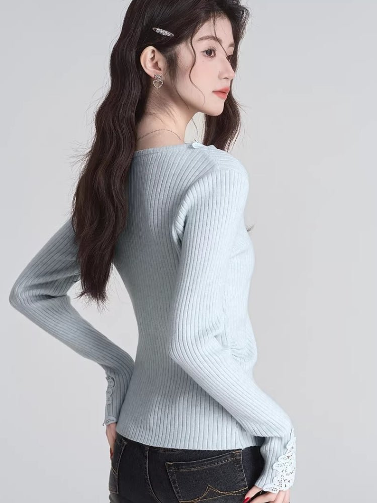 Ribbed knit V-neck top with lace trim and pearl accents - View 6 | WEUXS