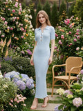 Light Blue Ribbed Knit Collared Midi Dress - WEUXS