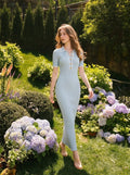 Light Blue Ribbed Knit Collared Midi Dress - WEUXS