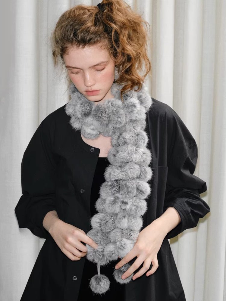 Light Grey Rabbit Fur Pom Pom Scarf - WEUXS