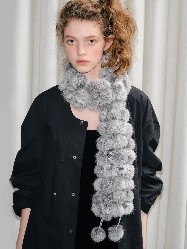 Light Grey Rabbit Fur Pom Pom Scarf - WEUXS