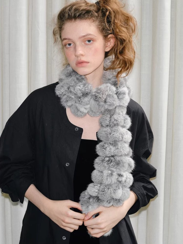 Light Grey Rabbit Fur Pom Pom Scarf - WEUXS