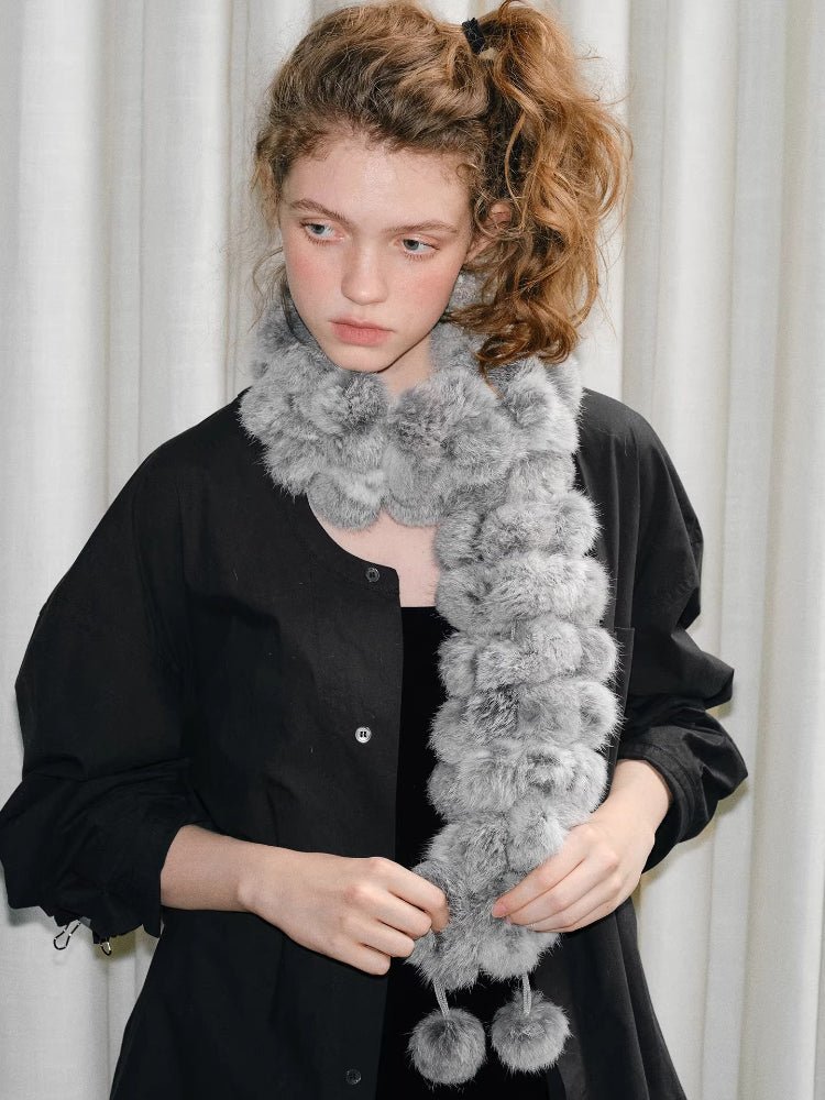 Light Grey Rabbit Fur Pom Pom Scarf - WEUXS