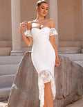 Close-up of a woman in a white off-the-shoulder dress showcasing lace details