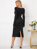 Back view of a black long sleeve midi dress with a keyhole neckline and bodycon silhouette.