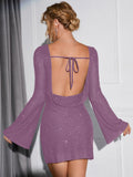 Glitter knit mini dress with tie back and bell sleeves - View 15 | WEUXS