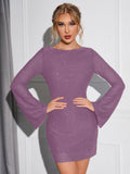 Glitter knit mini dress with tie back and bell sleeves - View 14 | WEUXS