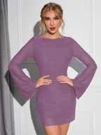 Glitter knit mini dress with tie back and bell sleeves - View 14 | WEUXS