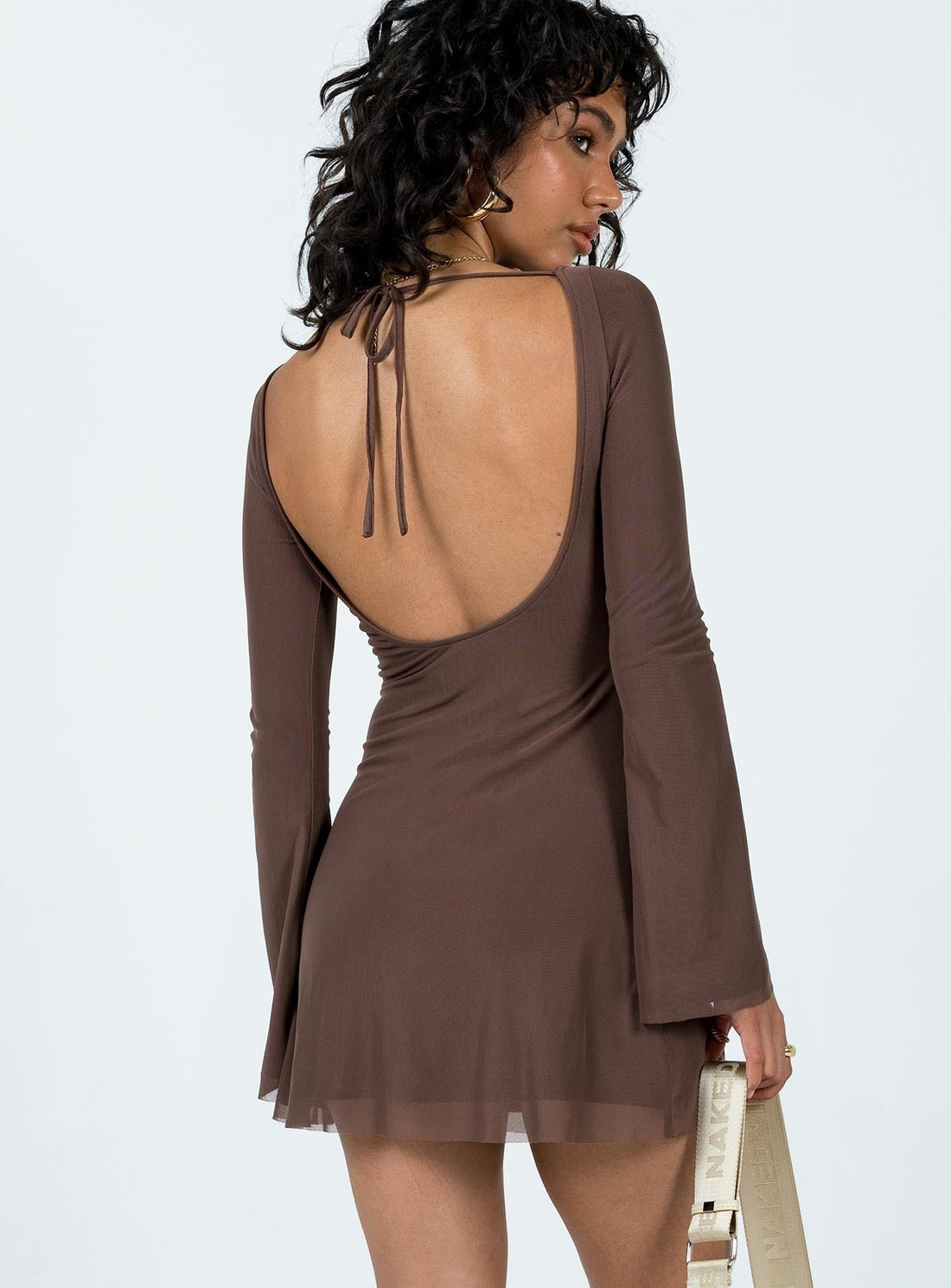 Lukea Chocolate Brown Open Back Mini Dress - Long Bell Sleeve Mesh Bodycon - WEUXS