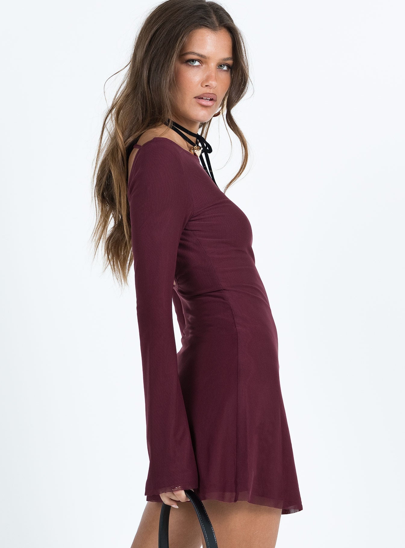 Lukea Mauve Open Back Mesh Mini Dress - Long Bell Sleeve Boat Neck Bodycon - WEUXS