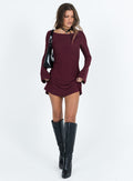 Lukea Mauve Open Back Mesh Mini Dress - Long Bell Sleeve Boat Neck Bodycon - WEUXS