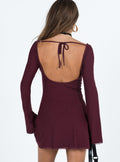 Lukea Mauve Open Back Mesh Mini Dress - Long Bell Sleeve Boat Neck Bodycon - WEUXS