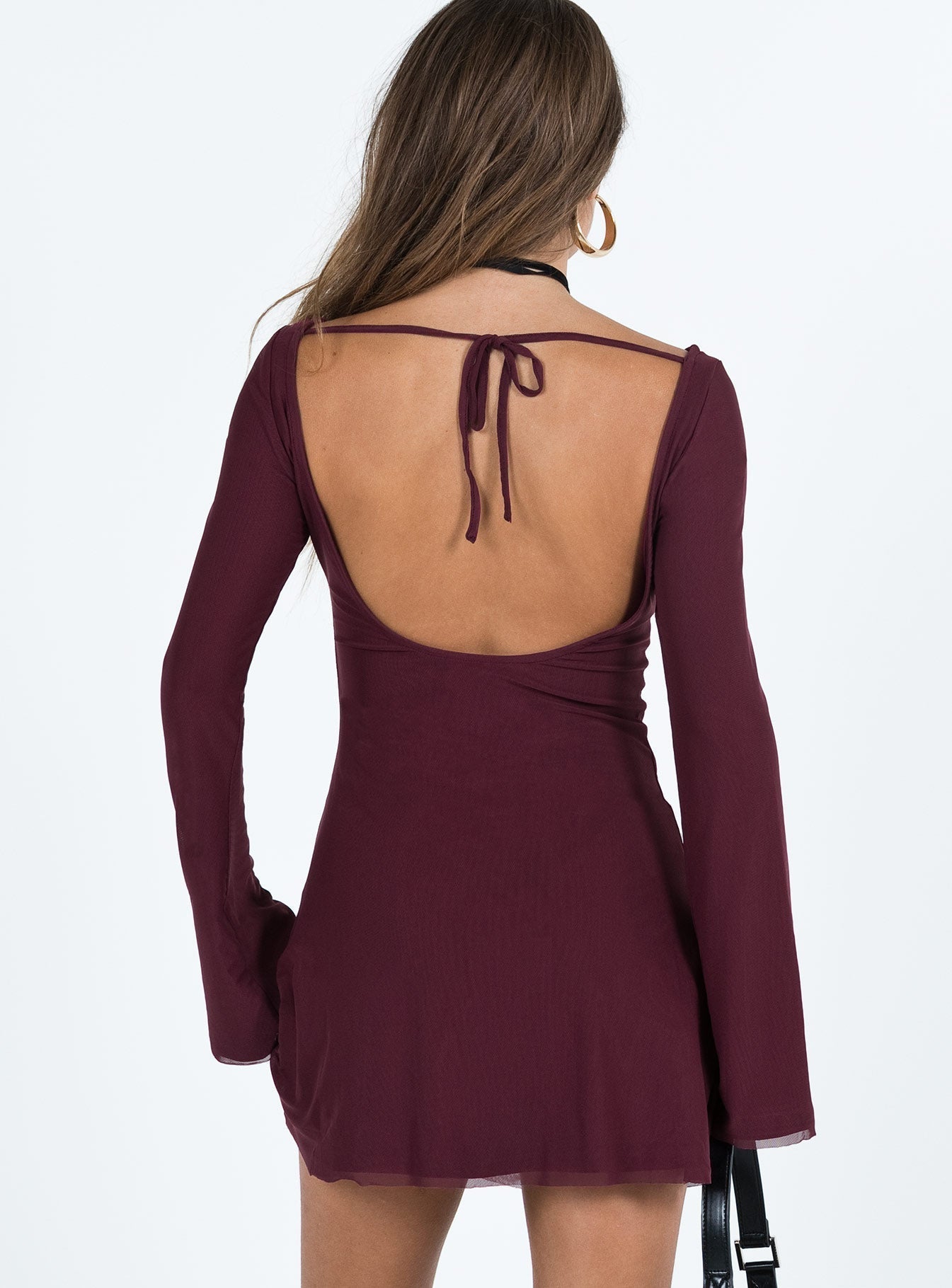 Lukea Mauve Open Back Mesh Mini Dress - Long Bell Sleeve Boat Neck Bodycon - WEUXS