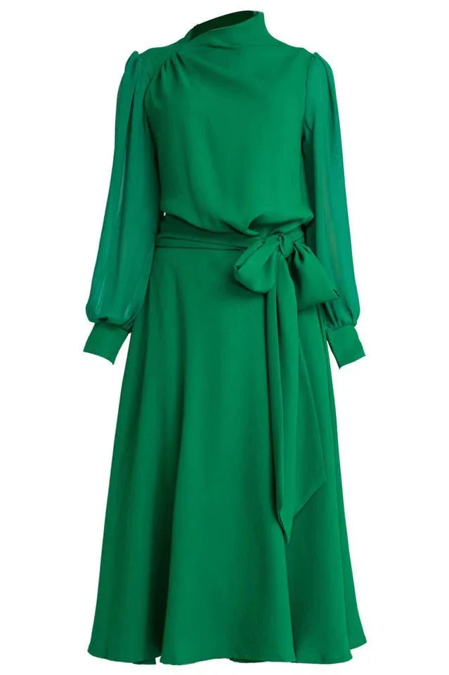 Midi dress with belt and puffed sleeves - View 9 | WEUXS