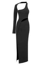 Front view of a black asymmetrical one-sleeve column gown with cut-out detail