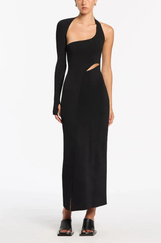 Black asymmetrical one-sleeve column gown with cut-out detail and high slit Main image