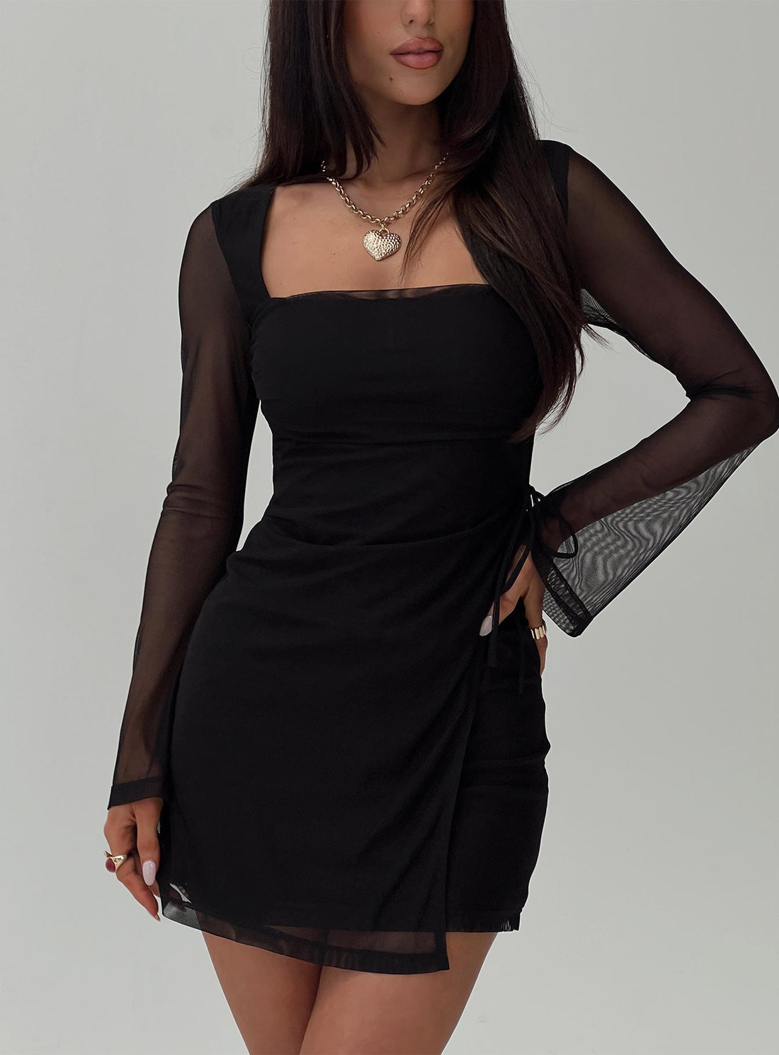 Martinez Black Mesh Sleeve Ruched Mini Dress - Square Neck Bodycon Party Gown - WEUXS