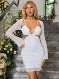 Full length shot of a woman in a white ruched mesh dress