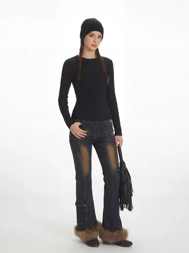Fitted long sleeve zip top with ribbed texture - View 6 | WEUXS