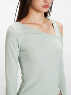Mint green asymmetrical cold shoulder top - View 6 | WEUXS