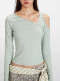 Front view detail of the neckline and shoulder area of a light green long-sleeve ribbed knit top with asymmetrical design.
