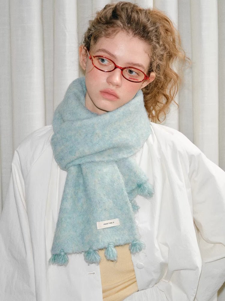 Mint Green Soft Fuzzy Knit Scarf with Tassels - WEUXS