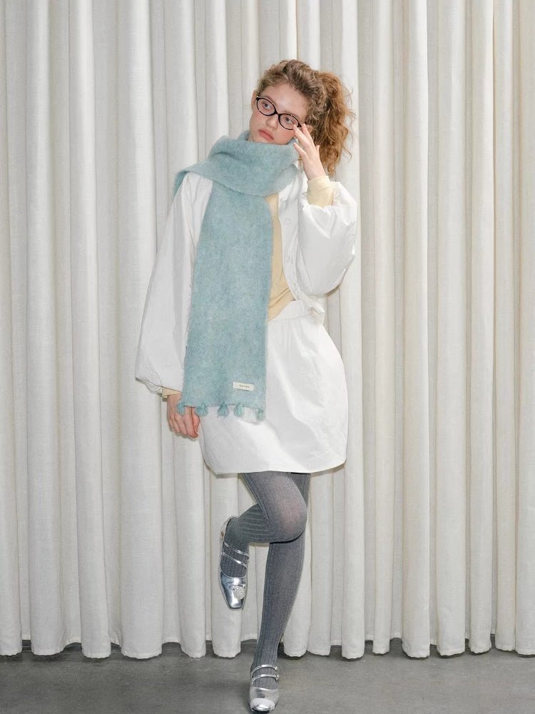 Mint Green Soft Fuzzy Knit Scarf with Tassels - WEUXS