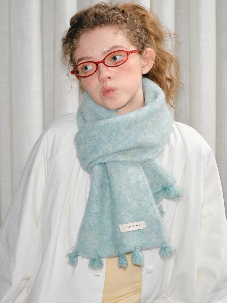 Mint Green Soft Fuzzy Knit Scarf with Tassels - WEUXS
