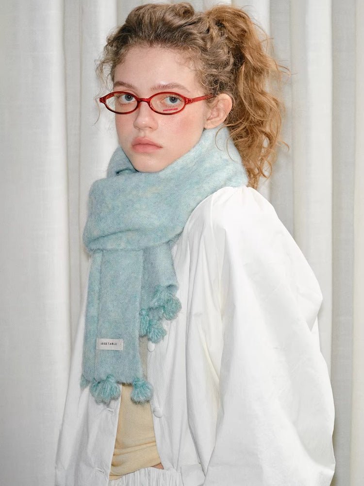 Mint Green Soft Fuzzy Knit Scarf with Tassels - WEUXS