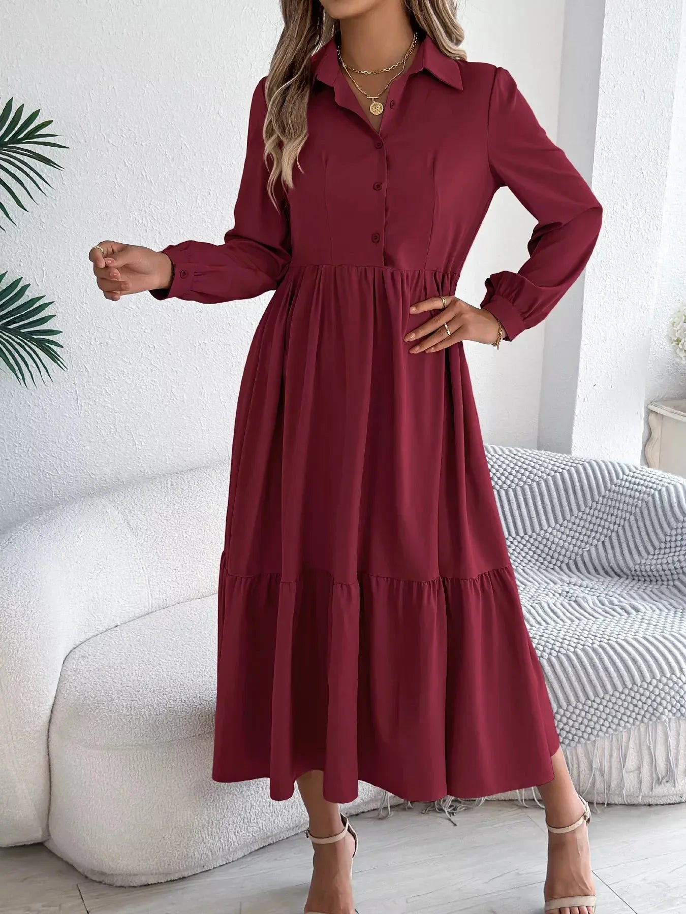 Navy Blue Ruffled Tiered Shirt Dress - View 32 | WEUXS
