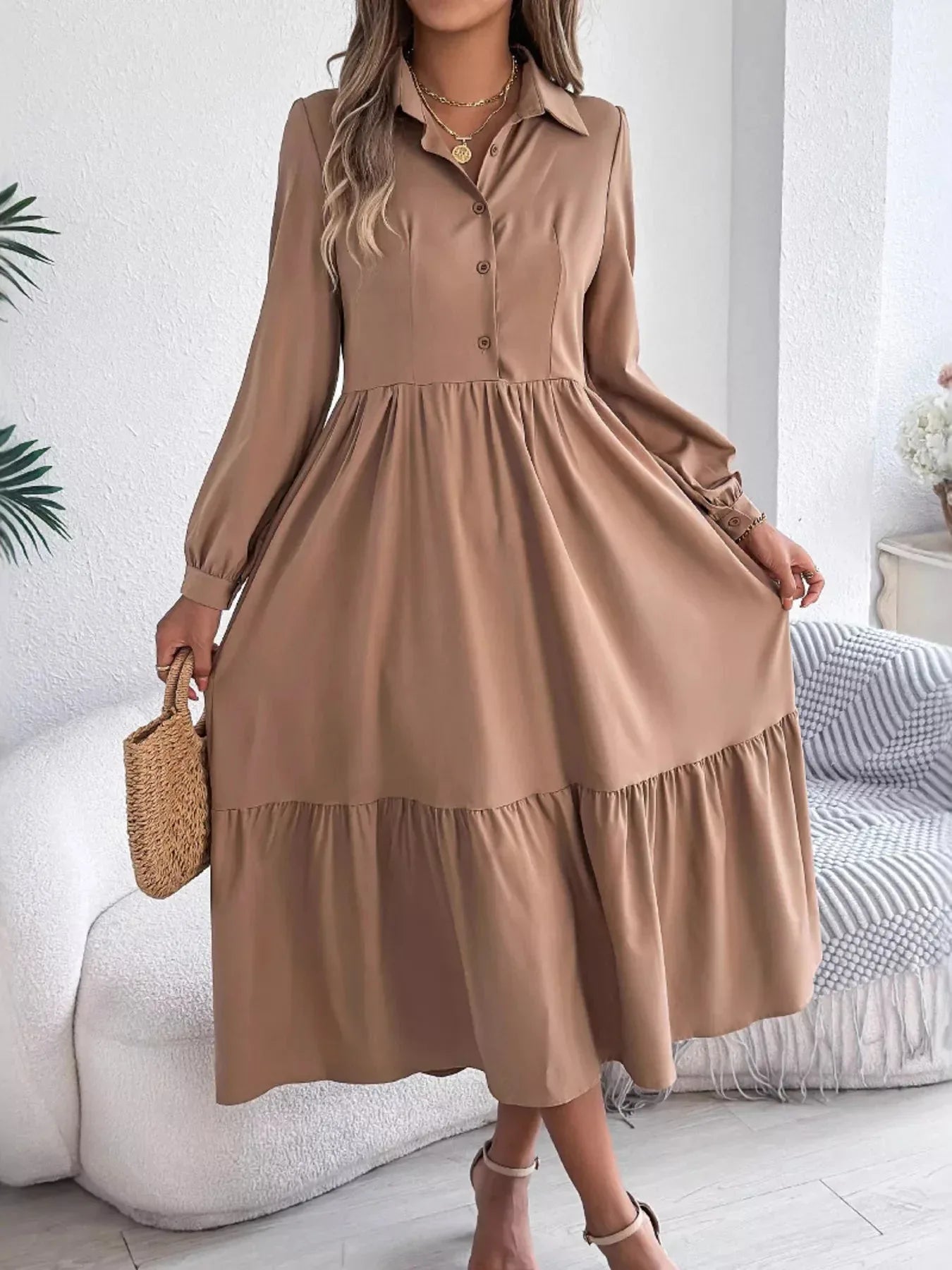 Navy Blue Ruffled Tiered Shirt Dress - View 21 | WEUXS
