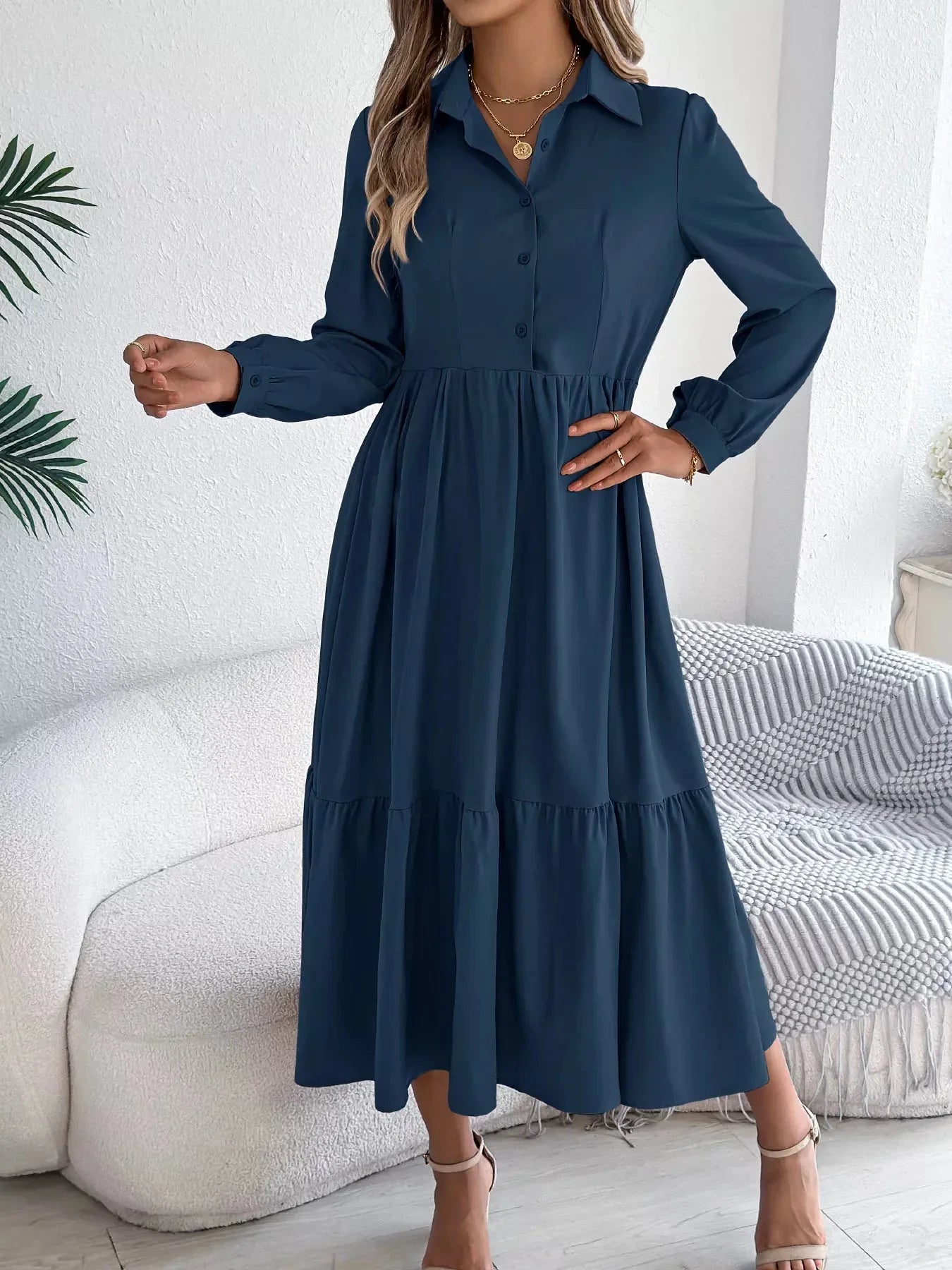 Navy Blue Ruffled Tiered Shirt Dress - View 7 | WEUXS