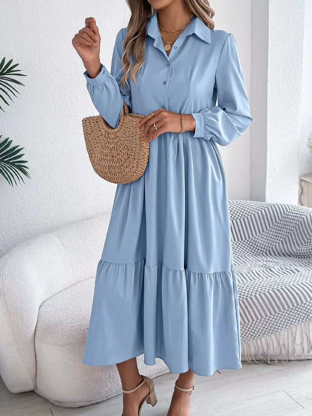 Navy Blue Ruffled Tiered Shirt Dress - View 10 | WEUXS