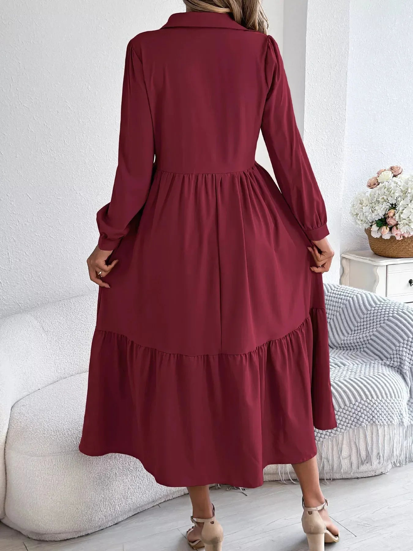 Navy Blue Ruffled Tiered Shirt Dress - View 31 | WEUXS