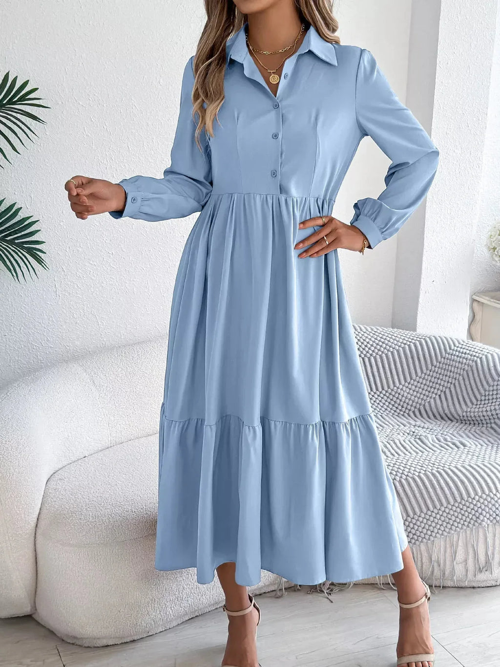 Navy Blue Ruffled Tiered Shirt Dress - View 12 | WEUXS