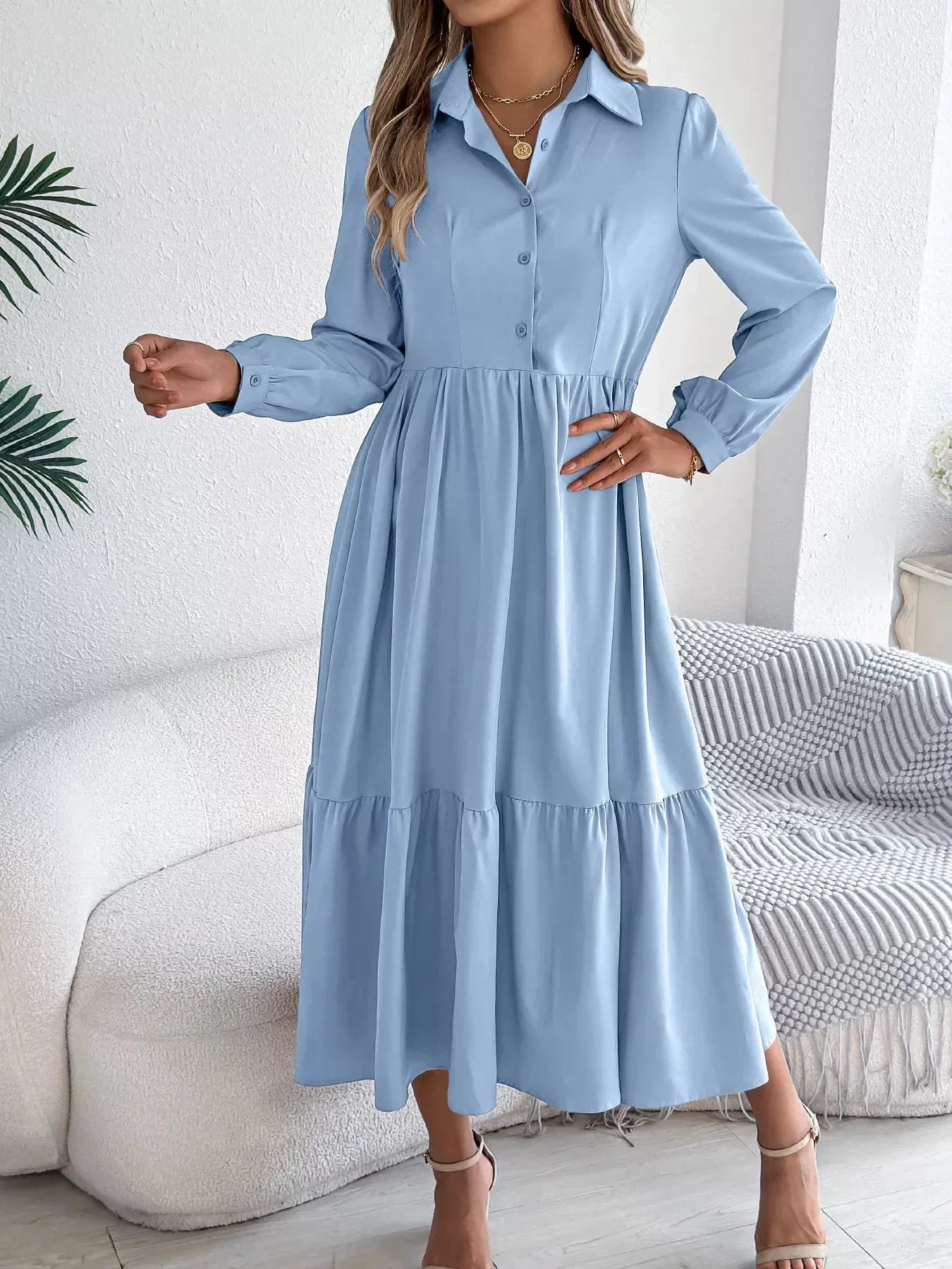 Navy Blue Ruffled Tiered Shirt Dress - View 12 | WEUXS