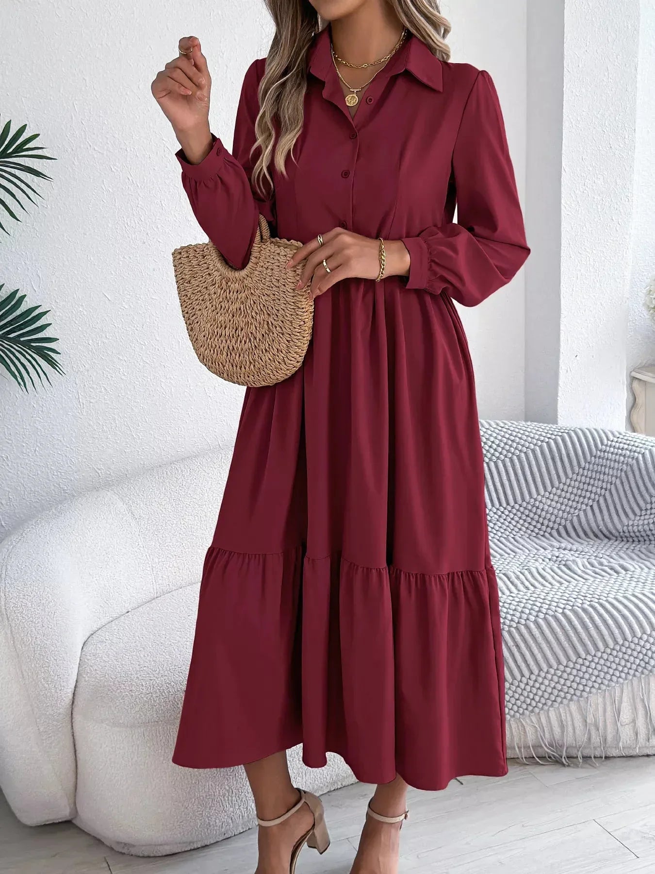 Navy Blue Ruffled Tiered Shirt Dress - View 29 | WEUXS